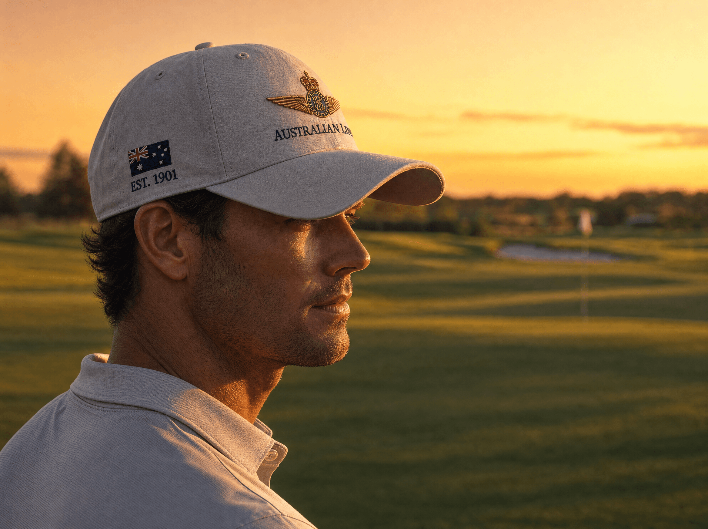 Golfer wearing the cap with a perfect fit at golden hour